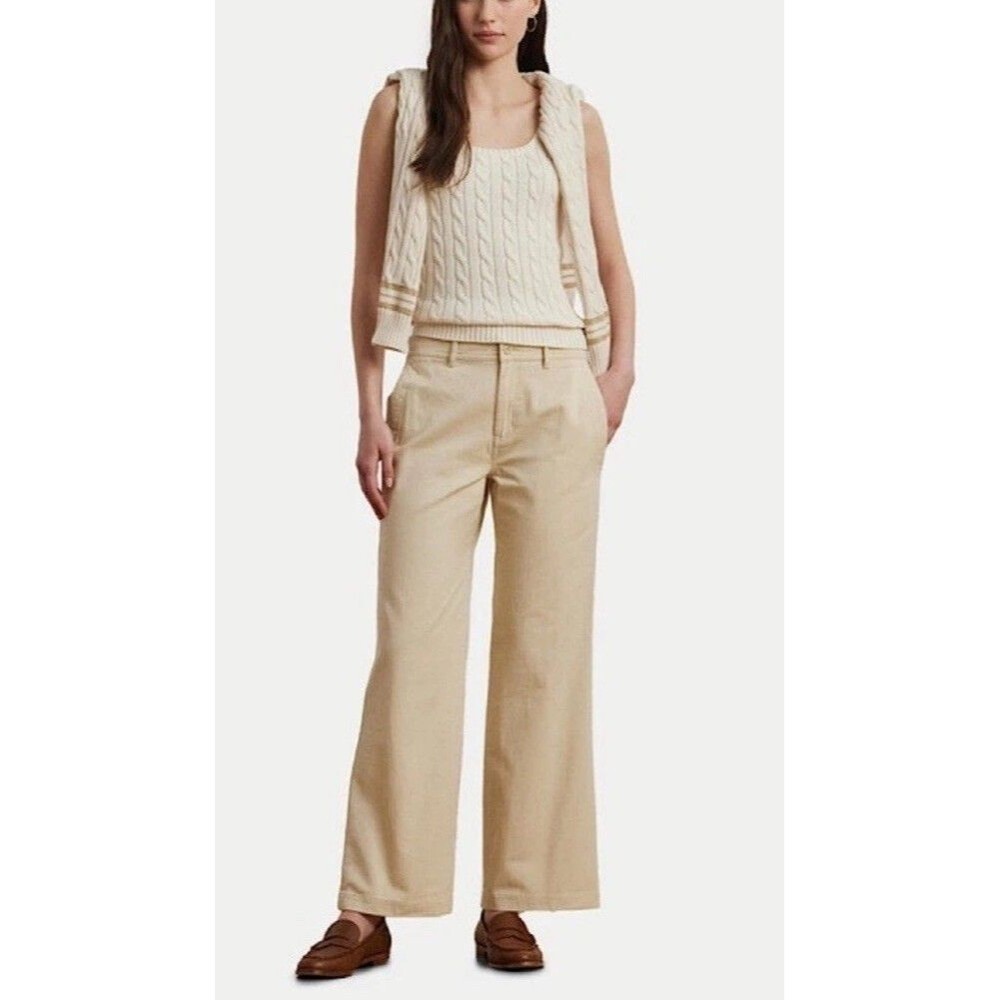 NWT Lauren Wide Leg Cotton Twill Pants In Ivory Beige Size 10